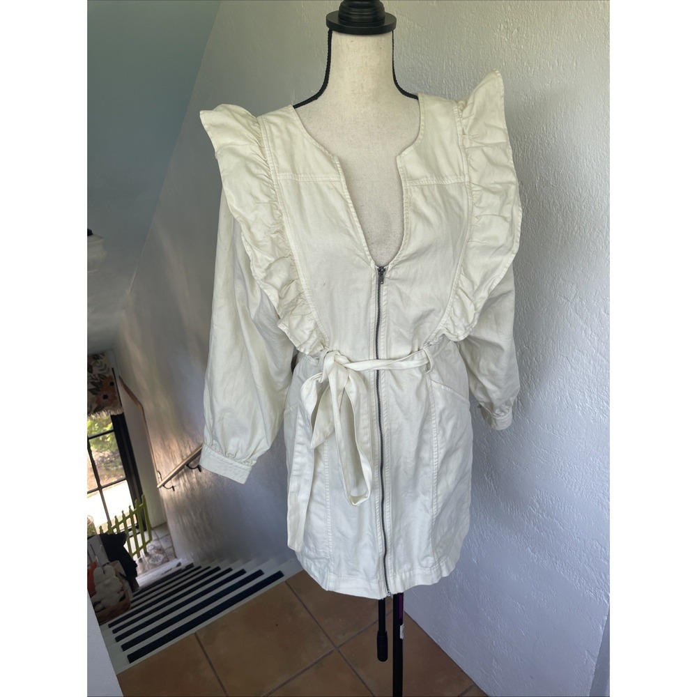 Free People Imogene Cream Denim Ruffle Mini Jacket Dress With Pockets Small - Picture 2 of 7